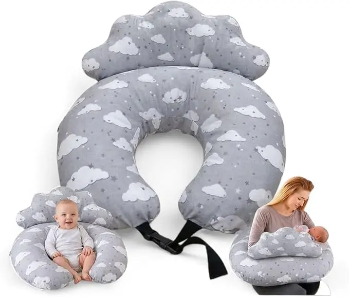 PLUSH Nursing Pillow for Breastfeeding & Baby Support with Back Clutch – Multi-Use for Feeding, Carrying & Sitting Baby, Soft 100% Cotton Removable Washable Cover