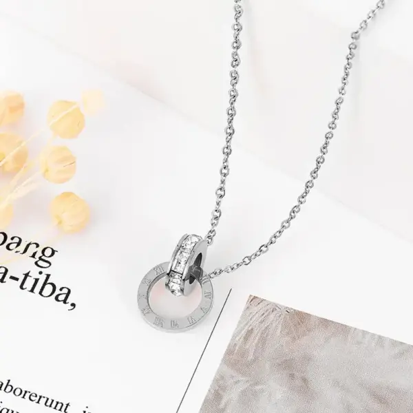 Stainless Steel Double Ring Roman Numeral Pendant Necklace