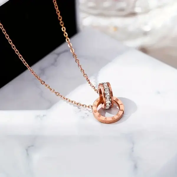 Stainless Steel Double Ring Roman Numeral Pendant Necklace