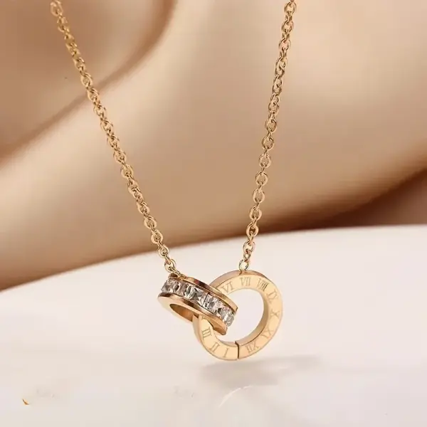 Stainless Steel Double Ring Roman Numeral Pendant Necklace