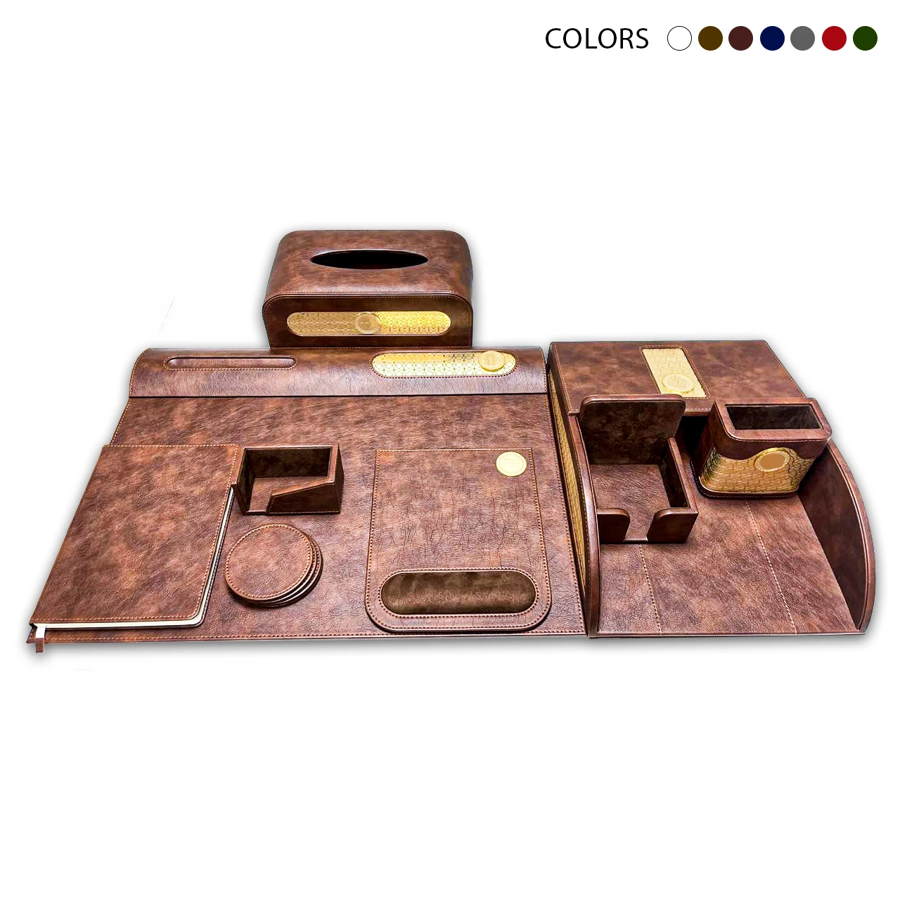 Luxury Brown Leather Office Desk Set with Gold Accents — Desk Organizer Collection