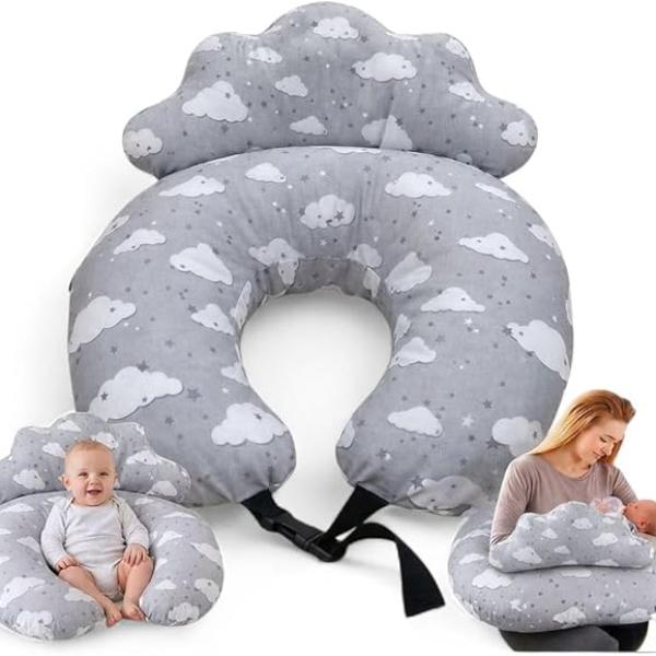 PLUSH Nursing Pillow for Breastfeeding & Baby Support with Back Clutch – Multi-Use for Feeding, Carrying & Sitting Baby, Soft 100% Cotton Removable Washable Cover