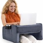 PLUSH Reading Pillow & Lap Desk for Gaming, Laptop - Large with Cup Holder, Grey