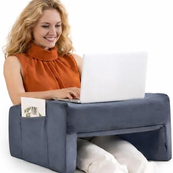 PLUSH Reading Pillow & Lap Desk for Gaming, Laptop - Large with Cup Holder, Grey