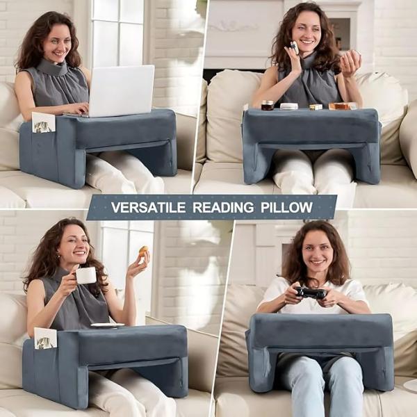 PLUSH Reading Pillow & Lap Desk for Gaming, Laptop - Large with Cup Holder, Grey