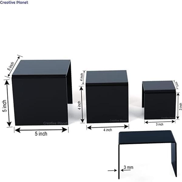 Black Acrylic Square Display Risers - Set of 3 (3", 4", 5") for Figures, Desserts & More