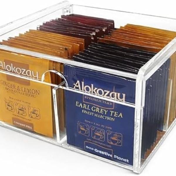 Clear Acrylic Tea Bag Organizer Box with Lid - 4 Compartments for Tea, Condiments & Crafts